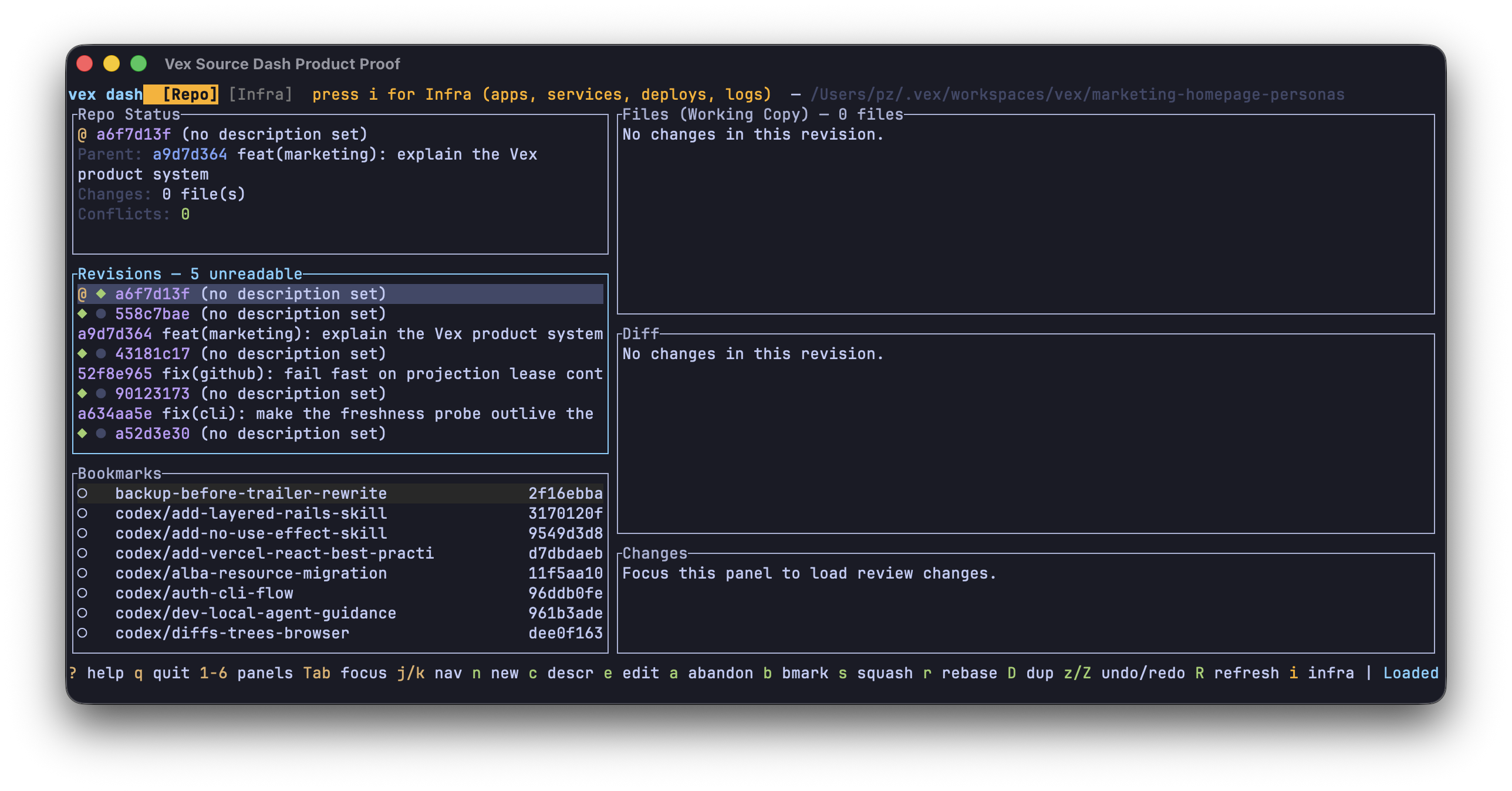 The real Vex Dash Repo view in Ghostty, showing working-copy status, revisions, bookmarks, files, diffs, and hosted Changes in a keyboard-driven terminal interface.