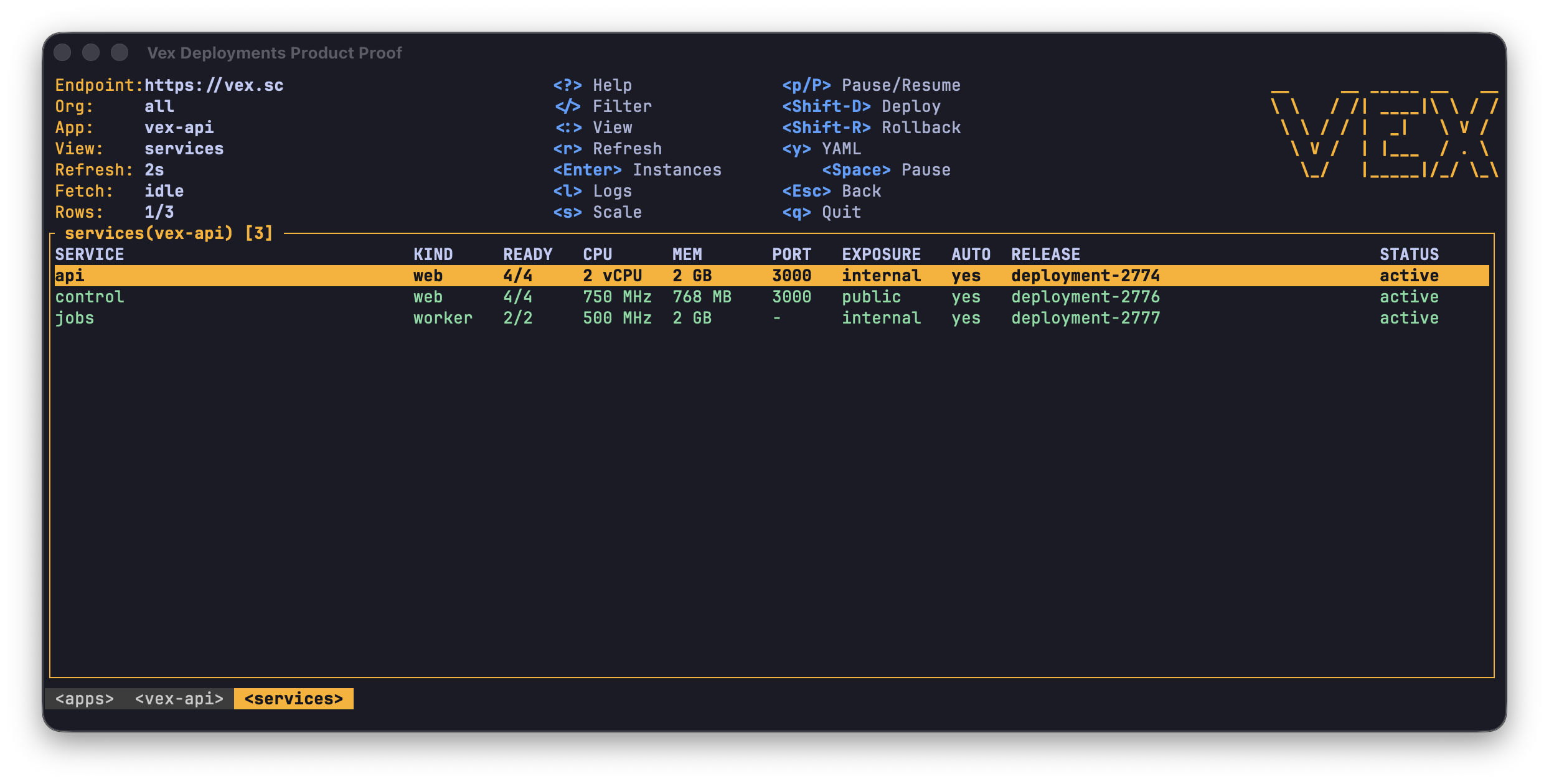 The real Vex Dash services view for the Vex API app in Ghostty, showing three active services with capacity, ports, exposure, releases, and instance counts.