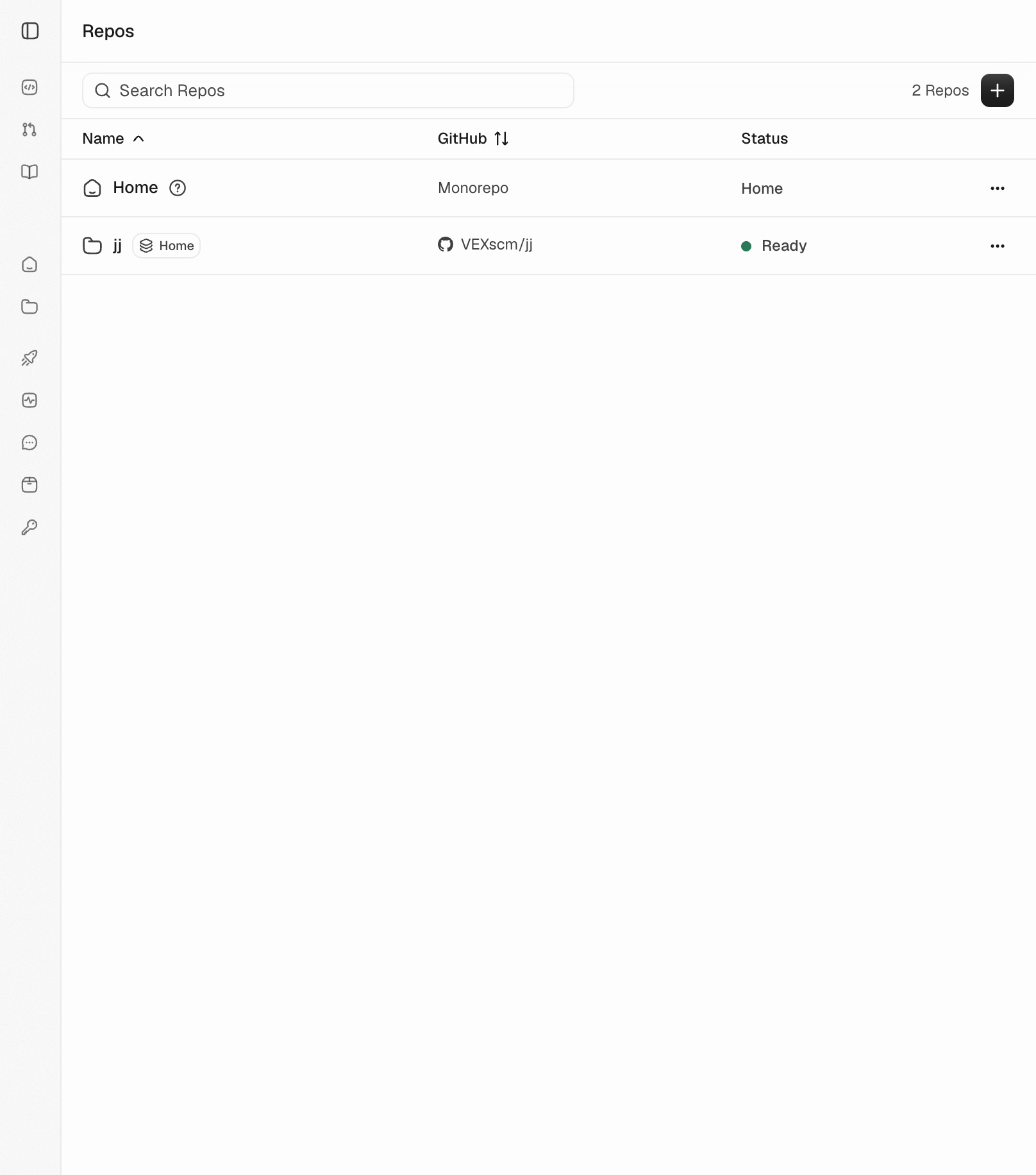 The Vex Repos screen showing Home as a monorepo and the jj repository registered under Home with its GitHub origin and Ready status.