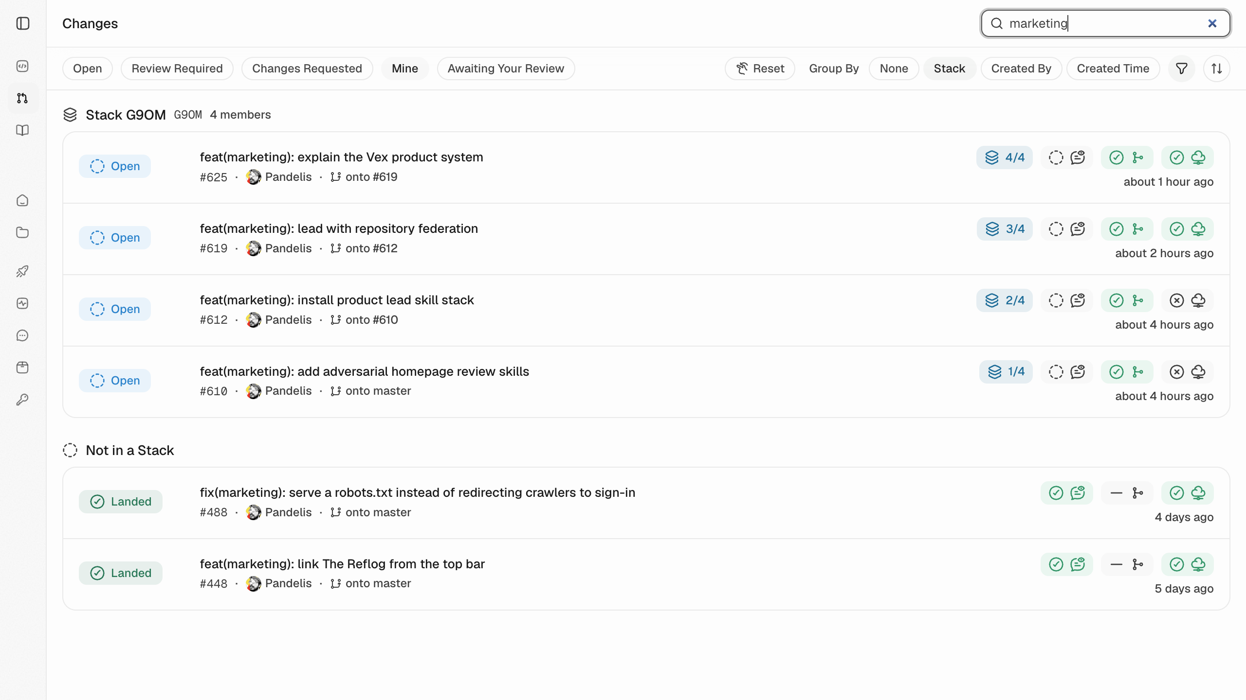 The Vex Changes screen grouped into real stacks, with stable Change numbers, parent relationships, positions, and visible check states.